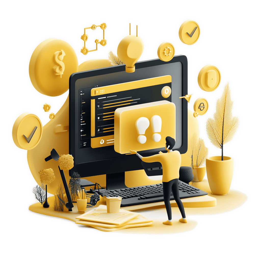 Diese Grafik zeigt ein Computer, dessen Bildschirm einen gelben Warnfenster mit einem Ausrufezeichen anzeigt. Eine Figur steht davor und blickt auf den Bildschirm.