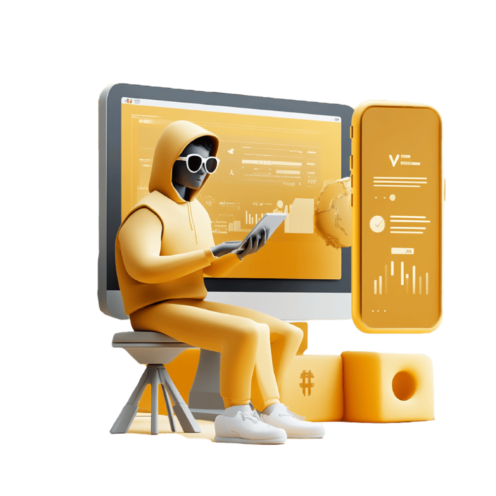 Diese Grafik zeigt eine Person mit Sonnenbrille, die in gelber Kleidung vor einem Computer sitzt und ein Tablet bedient.