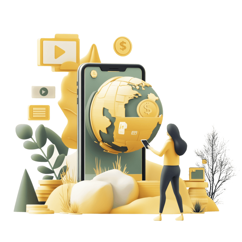 Diese Grafik zeigt eine 3D-Illustration eines Smartphones, dessen Bildschirm einen großen Globus anzeigt, während eine Frau davorsteht und ihn betrachtet.