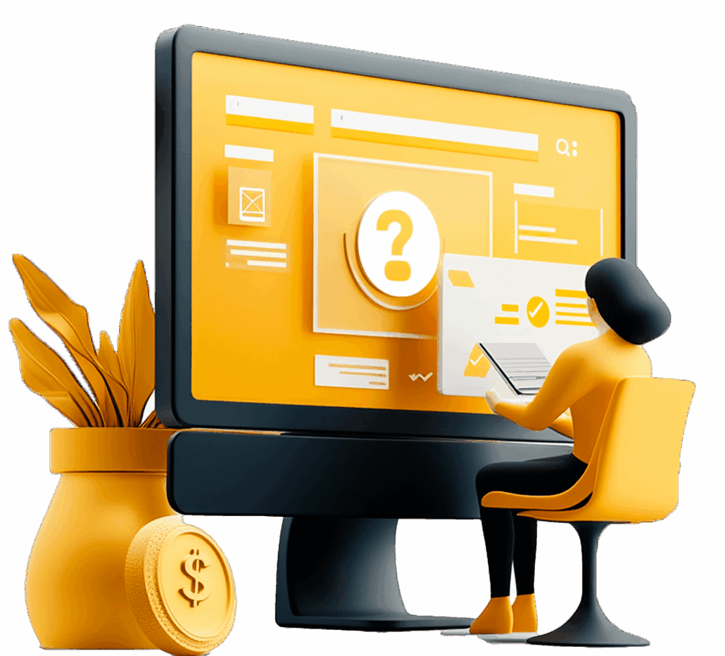 Diese Grafik zeigt eine stilisierte 3D-Illustration einer Frau, die vor einem großen Computermonitor sitzt, auf dem ein Fragezeichen angezeigt wird.