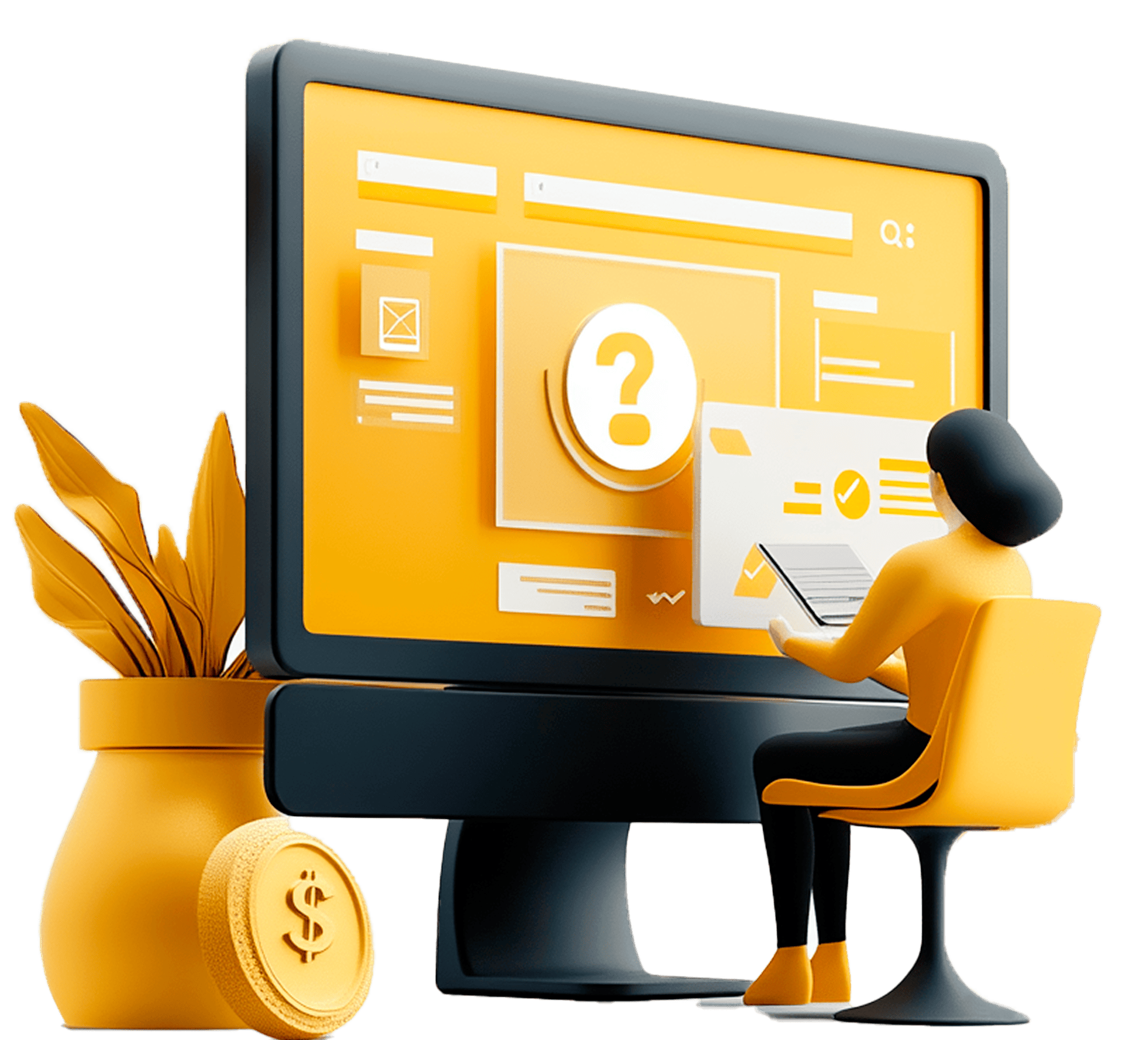 Diese Grafik zeigt eine stilisierte 3D-Illustration einer Frau, die vor einem großen Computermonitor sitzt, auf dem ein Fragezeichen angezeigt wird.
