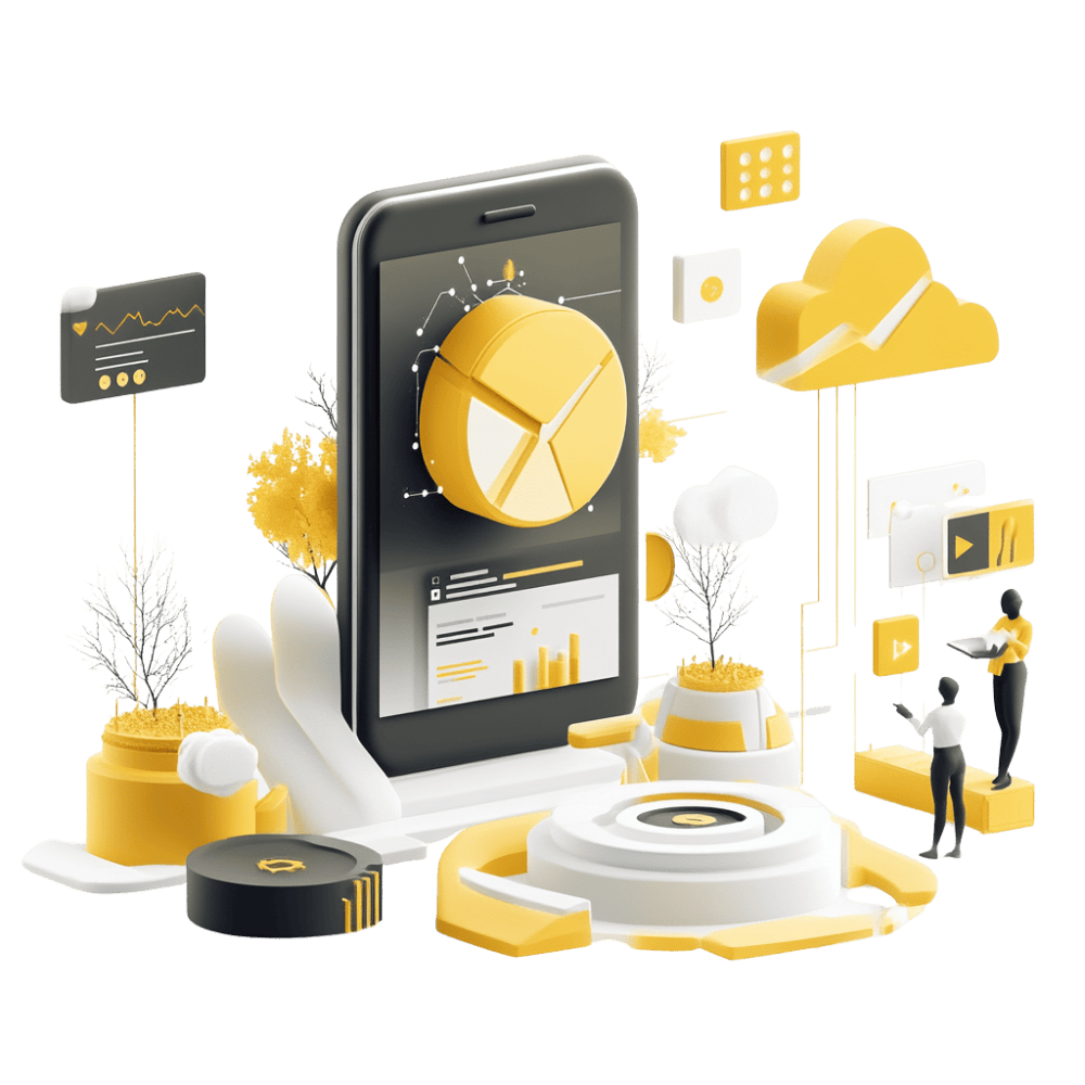 Diese Grafik zeigt eine 3D-Illustration eines schwarzen Smartphones mit einem gelben Tortendiagramm, umgeben von stilisierten Daten- und Cloud-Symbolen.
