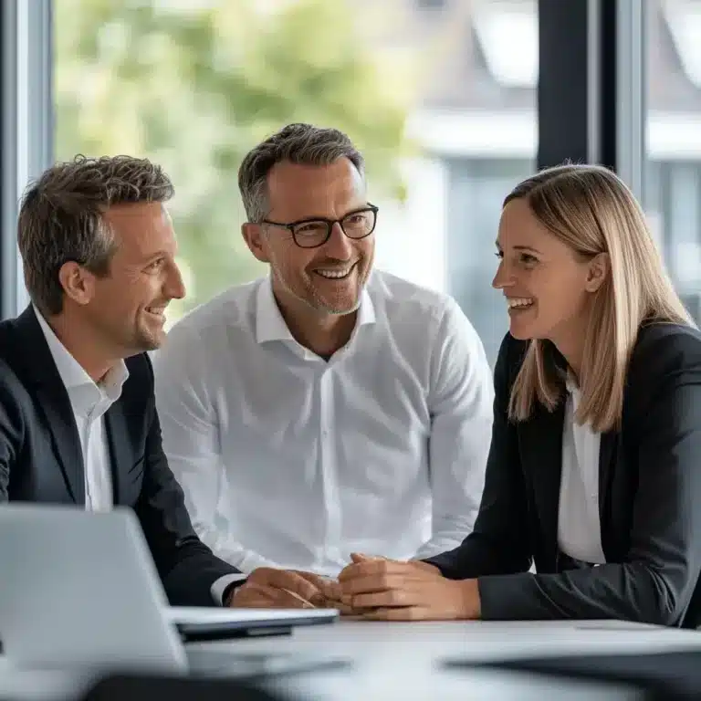 Das Bild zeigt Büroangestellte bei einer Mitarbeiterschulung zum Datenschutz, die online erfolgt.