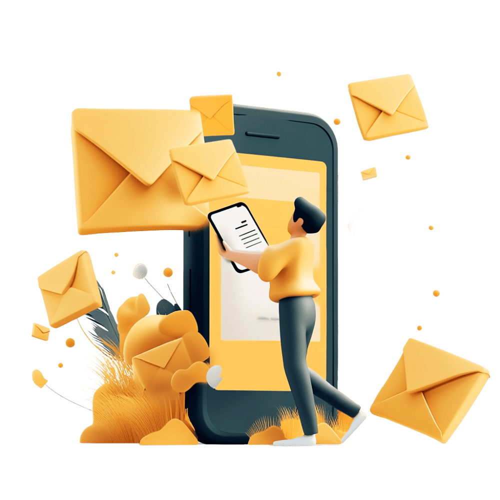 Die Grafik zeigt eine Figur, die vor einem überdimensionalen Mail-Postfach steht und sinnbildlich von Phishing-Mails erschlagen wird.