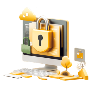 Diese Grafik zeigt einen mit Vorhängeschloss verriegelten PC und steht symbolisch für die Beratung zur Datensicherheit.