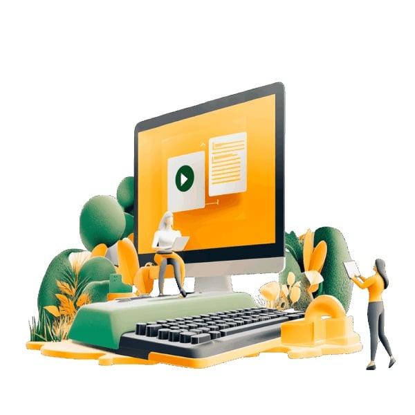 Die Grafik zeigt einen riesigen PC und veranschaulicht das Thema »Datenschutzschulung«.